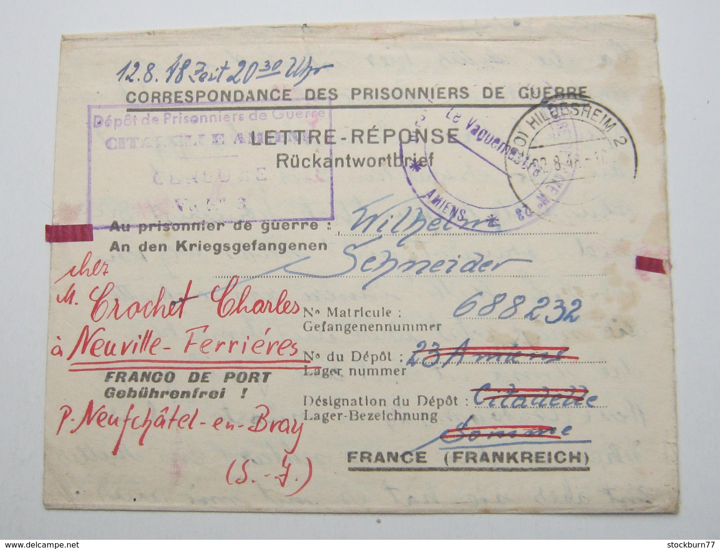 1948 , Camp Depot AMIENS  , Lettre Postale   Prisonner De Guerre Alllemagne - Guerre De 1939-45