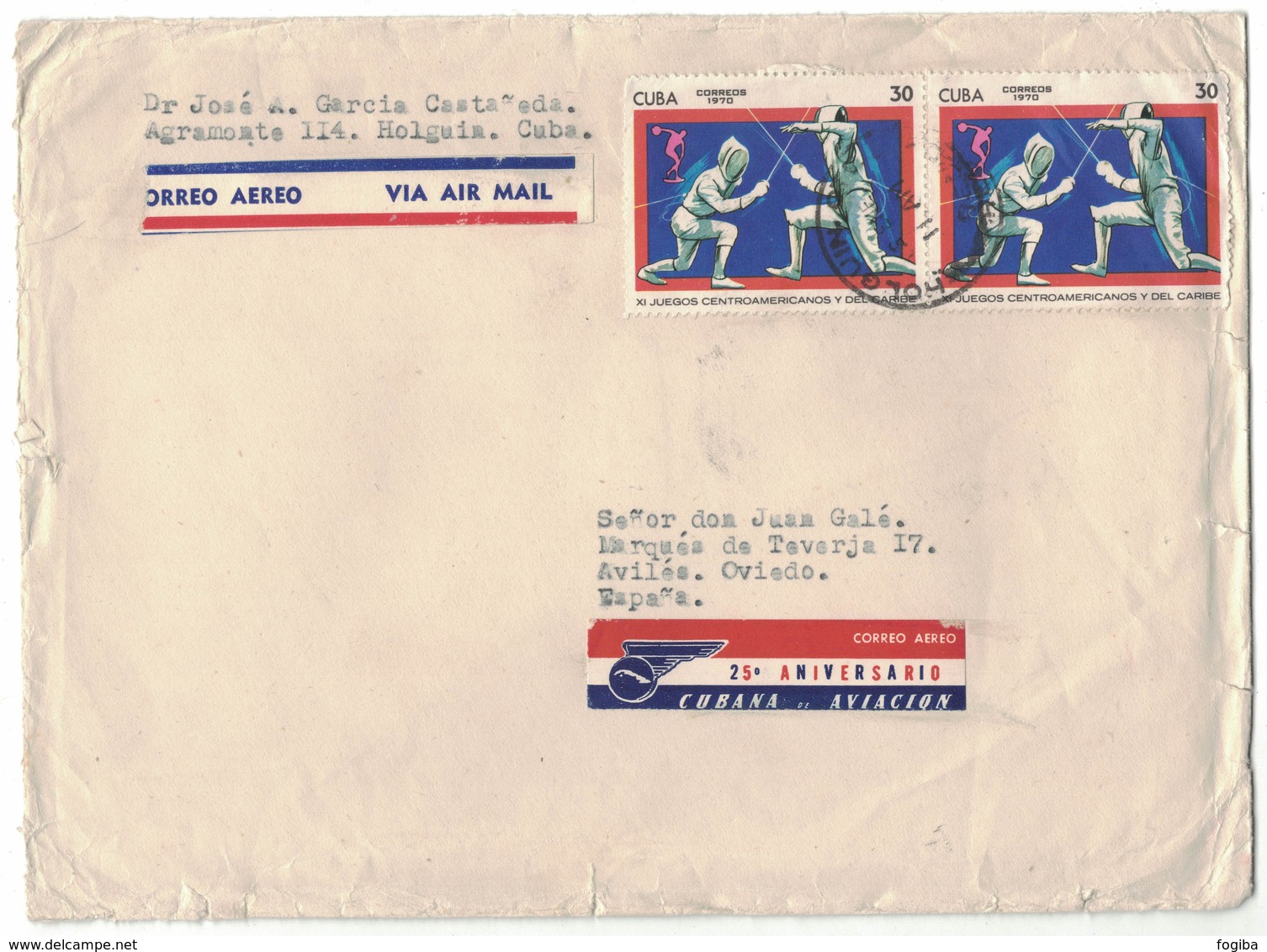 YN66  Cuba 1970 Letter By Air From Holguia To Oviedo Spain - XI Juegos Centroamericanos Y Del Caribe - Covers & Documents