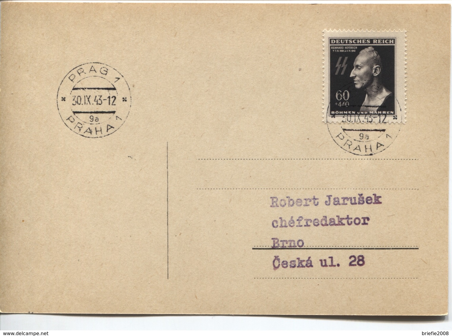 Böhmen & Mähren # 131 Einzelfrankatur Postkarte Prag 30.9.43, Reinhard Heydrich. Philatelistische, Aber Portogerechte Fe - Covers & Documents