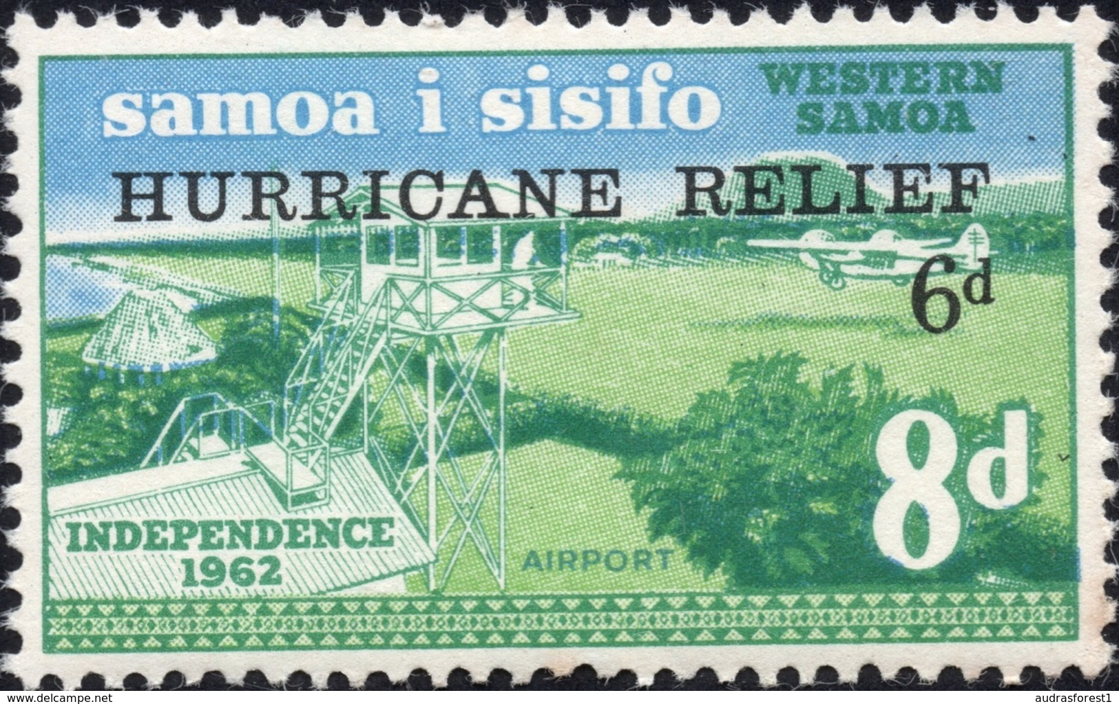 1966 Samoa I Sisifo Overprinted HURRICANE RELIEF 6d On 8d Mint Not Hinged Stamp Scott Cat No. B1 - Samoa