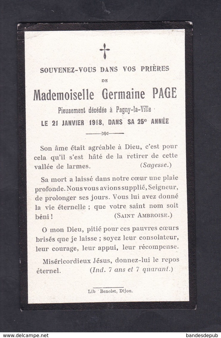 Image Pieuse Souvenir Deces Germaine Page Le 21 Janvier 1918 Dans Sa 25è Année  Pagny La Ville - Décès