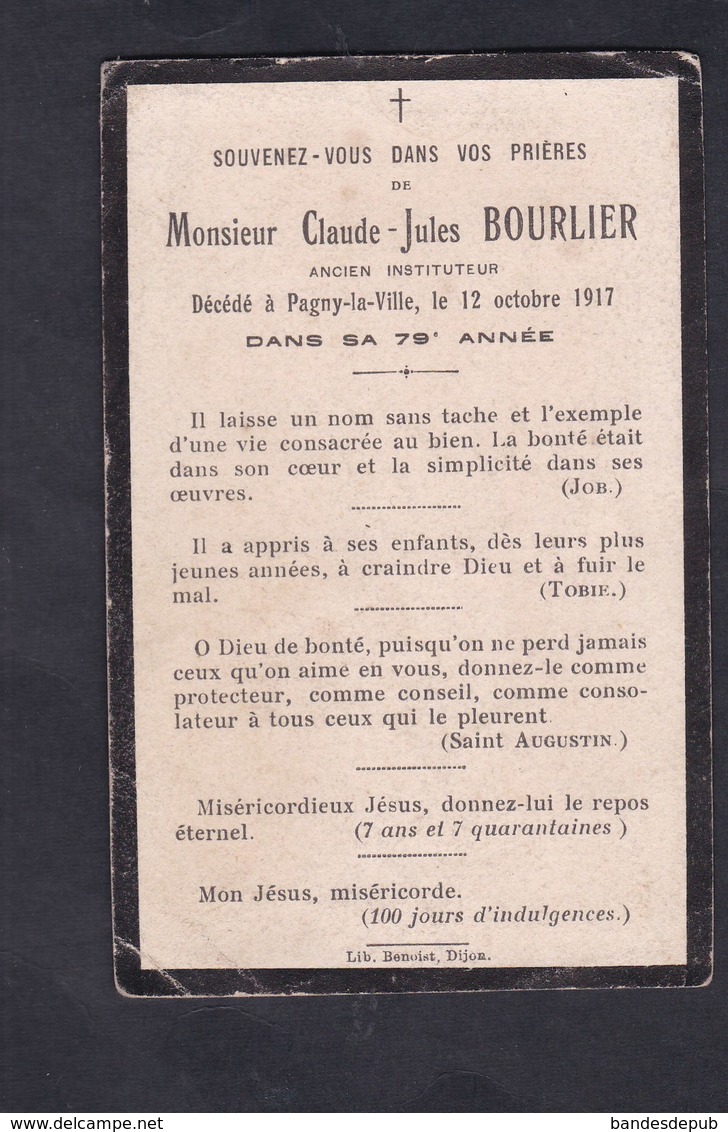 Image Pieuse Souvenir Deces Claude Jules Bourlier Ancien Instituteur  Pagny La Ville - Décès