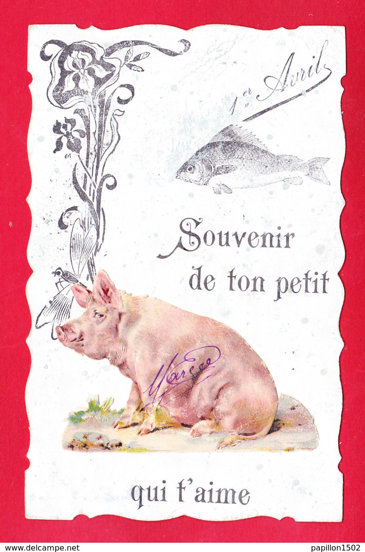 1er Avril-128A28 Un Poisson, Un Cochon En Découpis, Souvenir, Cpa BE - 1er Avril - Poisson D'avril