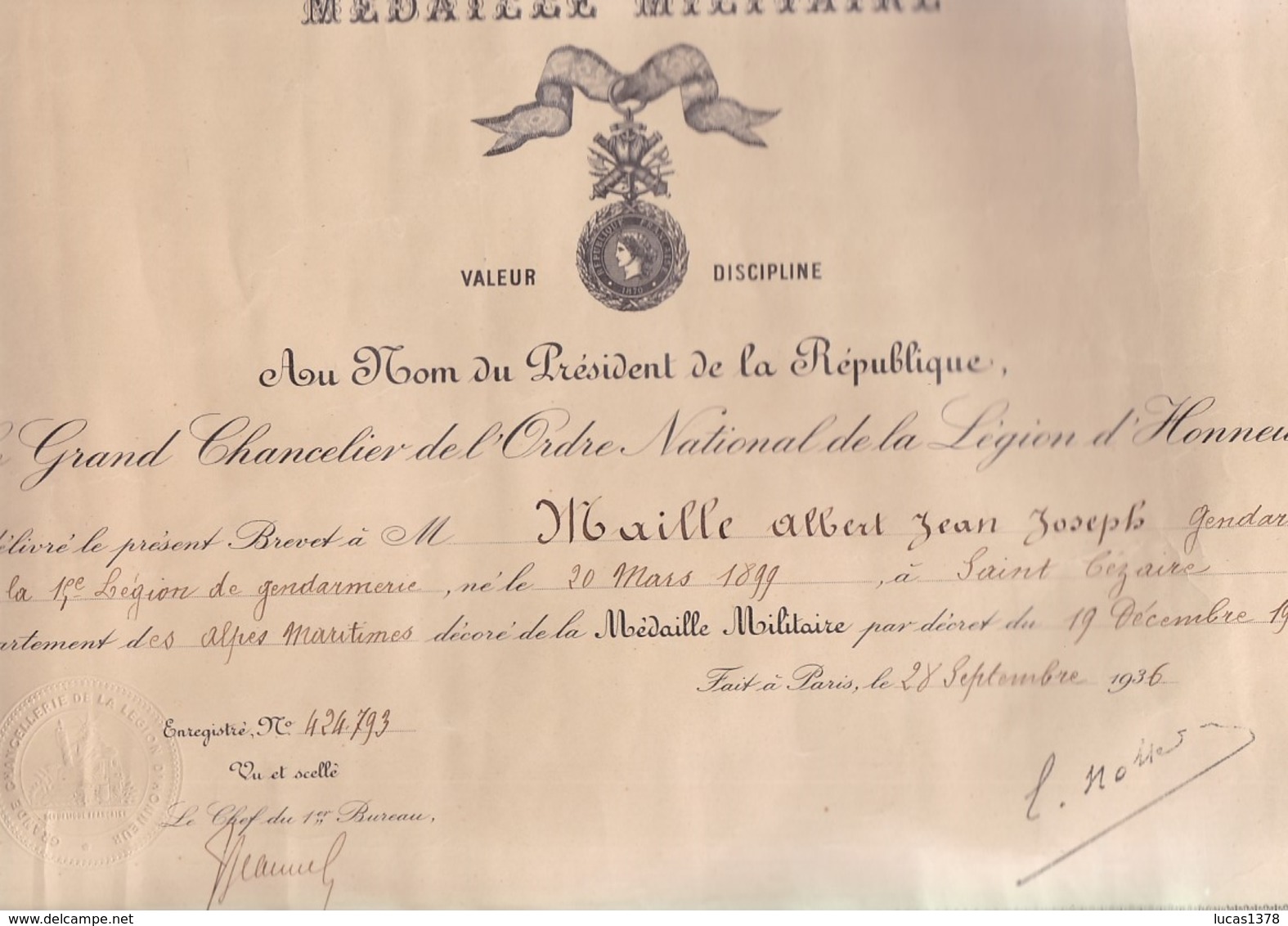 BREVET DE MEDAILLE MILITAIRE / GRAND CHANCELIER LEGION D HONNEUR / GENDARME 15 E LEGION DE  GENDARMERIE / SAINT CEZAIRE - Frankreich