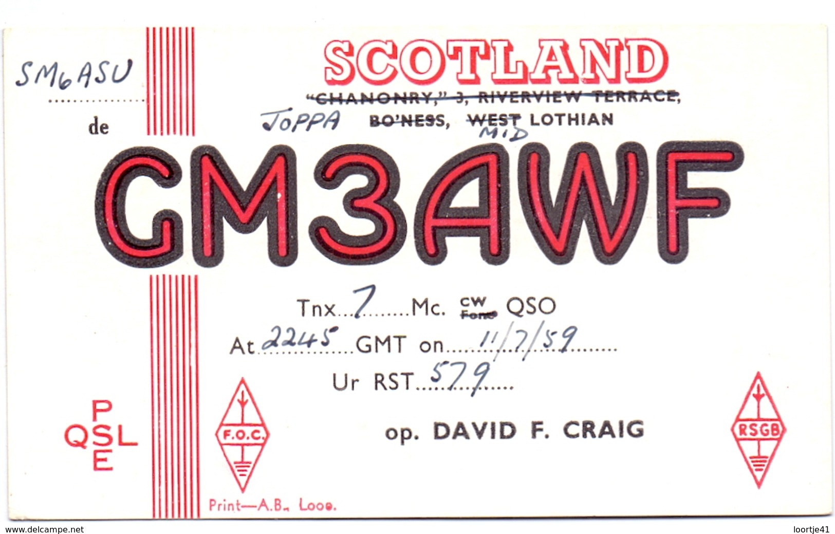 QSL Kaart Carte - Radio - GM3AWF - Scotland - Mid Lothian - David Craig 1959 - Radio Amateur