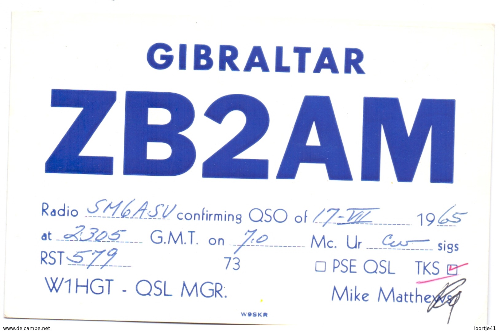 QSL Kaart Carte - Radio - ZB2AM - Gibraltar - Mike Matthews 1965 - Radio Amateur