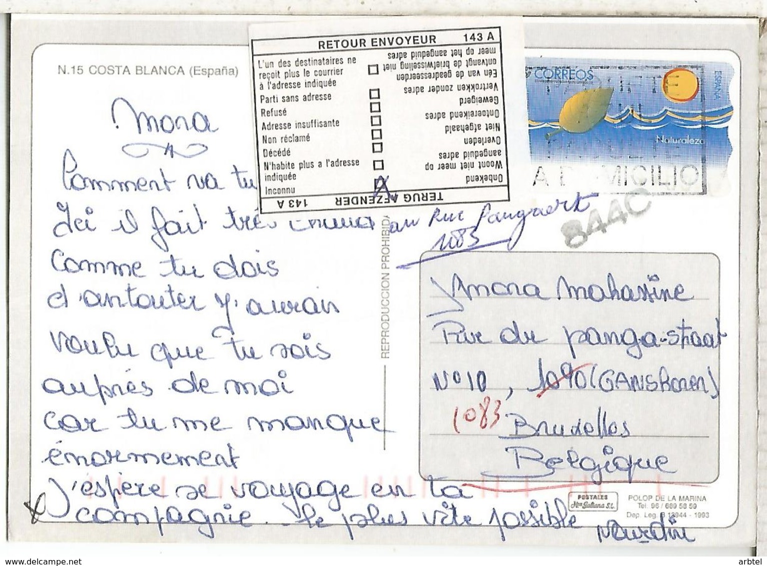 COSTA BLANCA TP DEVUELTA RETURN LABEL  CC ATM NATURALEZA NATURE - Cartas & Documentos