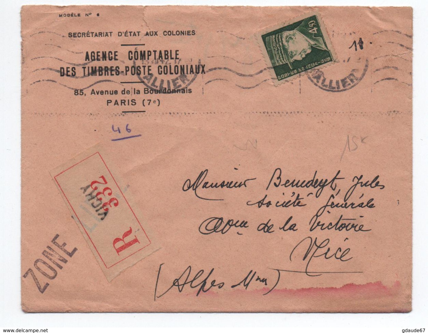 1942 - ENVELOPPE RECOMMANDE De VICHY / ZONE LIBRE Pour NICE - PETAIN - Guerre De 1939-45