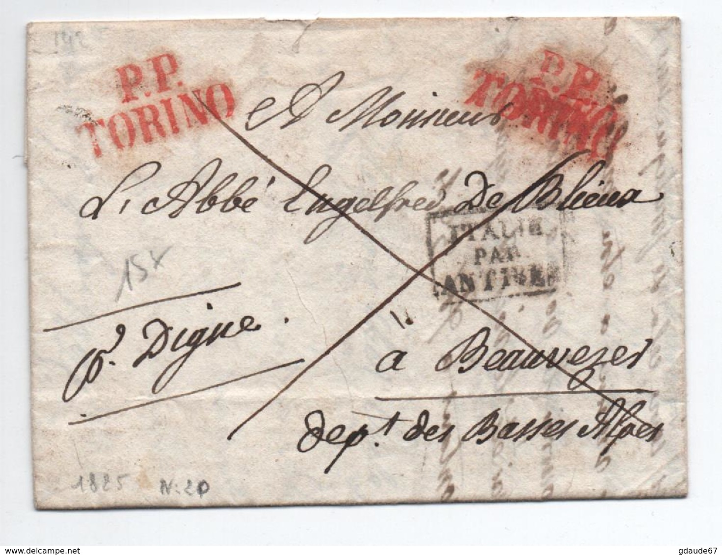 1825 - LETTRE Avec MP PP TORINO Pour BEAUVEZER (ALPES DE HAUTE PROVENCE) -> CACHET ENTREE ITALIE PAR ANTIBES - ...-1850 Préphilatélie