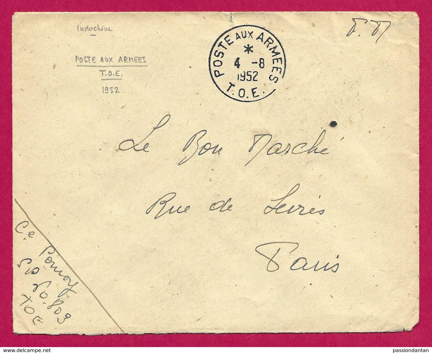 Enveloppe En Franchise Militaire - Poste Aux Armées - TOE - Secteur Postal 60 803 - Guerre D'Indochine / Viêt-Nam