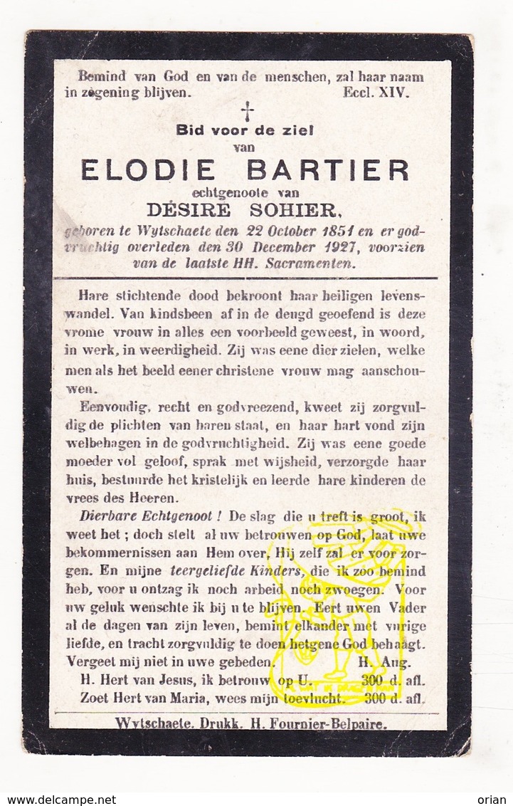 DP Elodie Bartier ° Wijtschate Heuvelland 1851 † 1927 X Désire Sohier - Images Religieuses