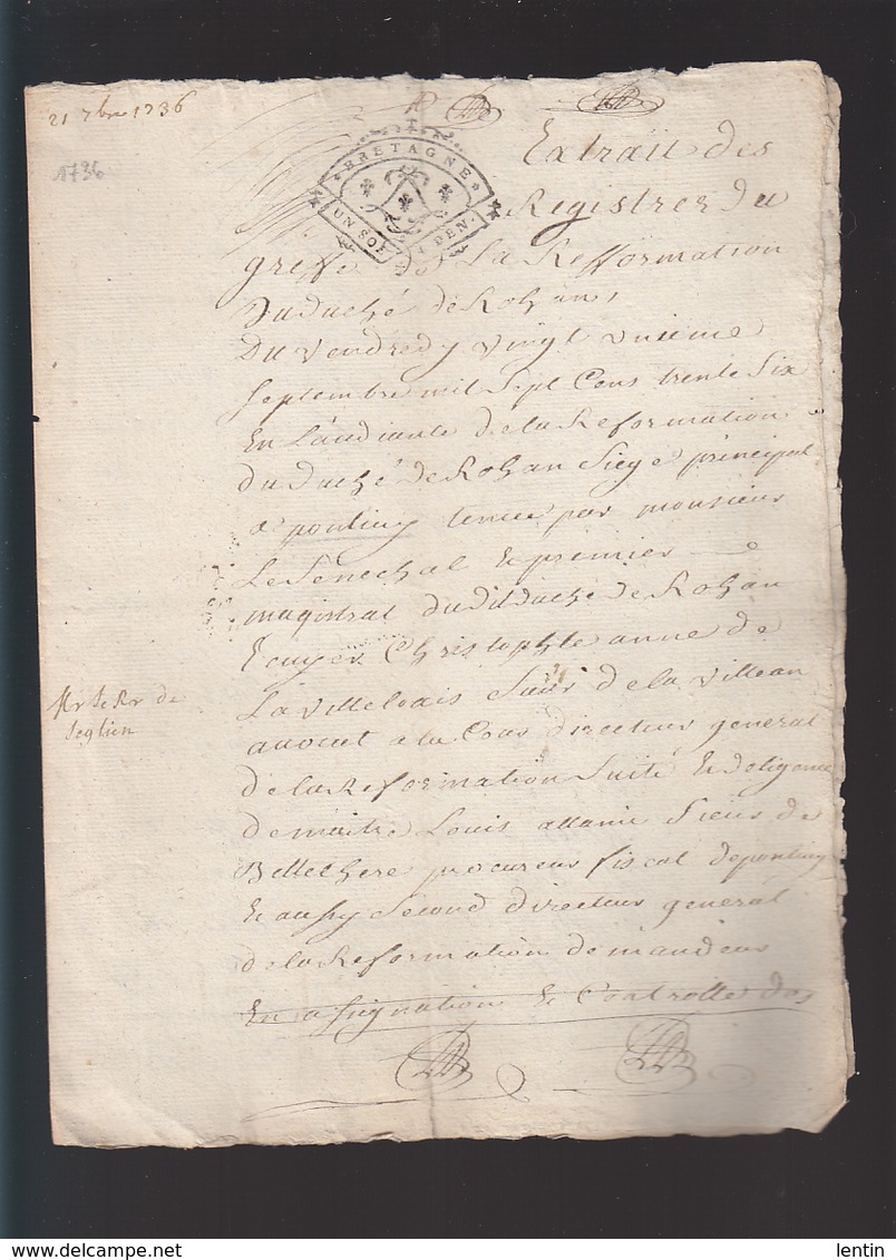 Bretagne / Sept 1736 / Duché De Rohan Siège à Pontivy / Vincent Quezo Recteur Paroisse Seglien - Cachets Généralité