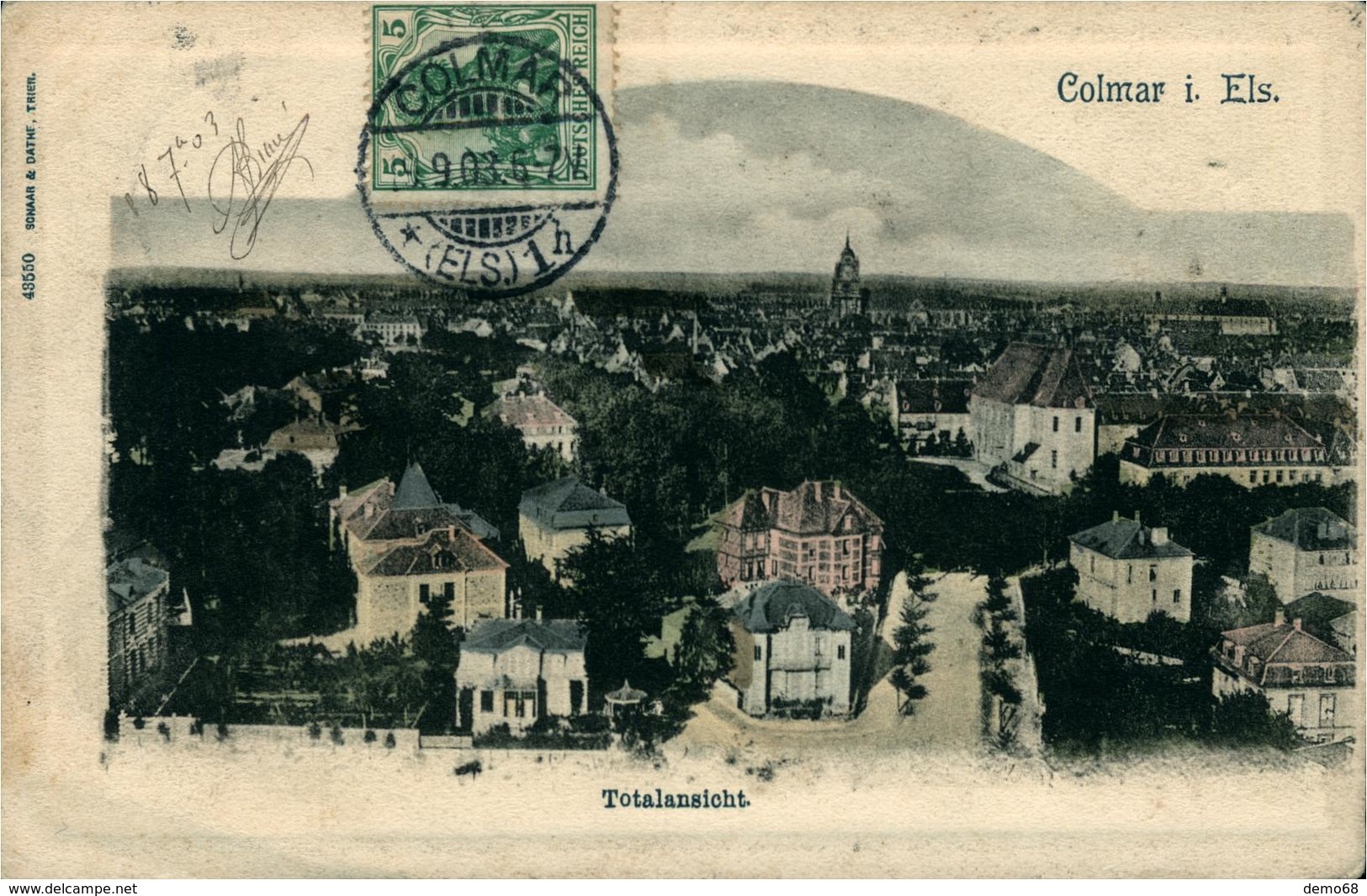 COLMAR Vue Générale  Carte Pionnière 1903 COLMAR Avec Tampon "Taxe" Barré Au Verso - Colmar