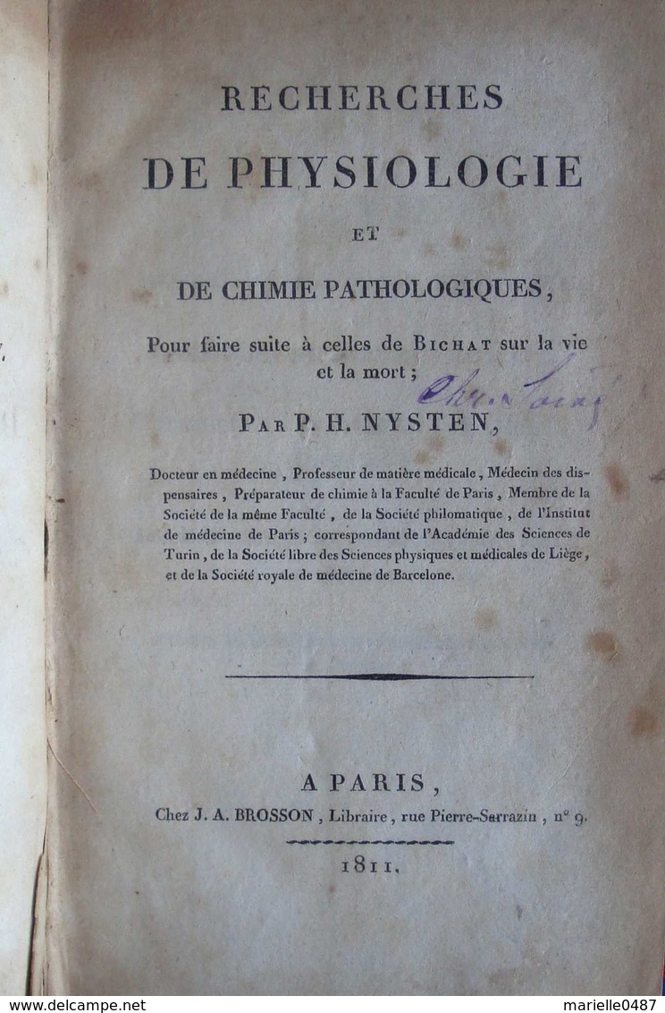 NYSTEN Recherches De Physiologie Et De Chimie Pathologiques - 1801-1900