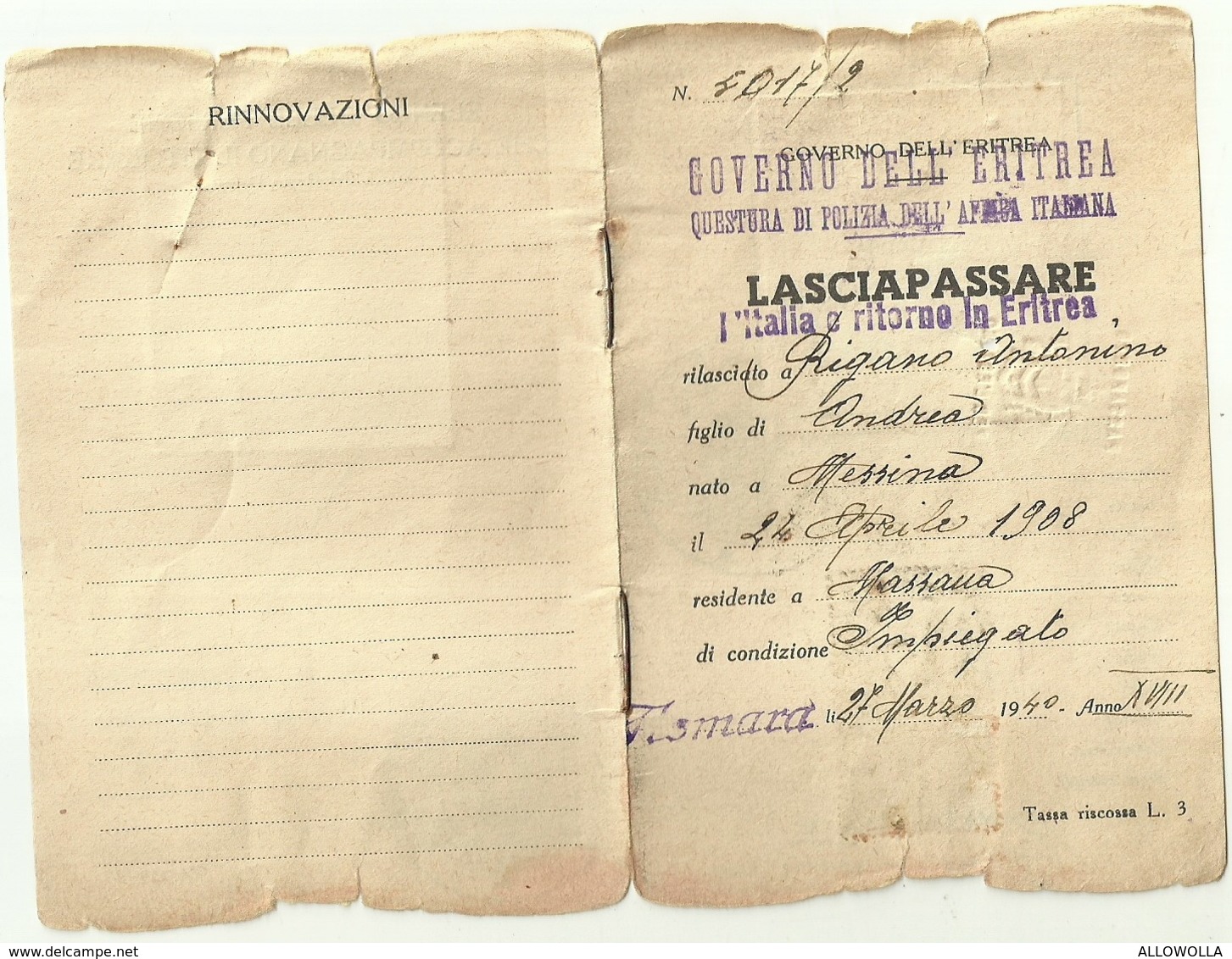 2883 "GOVERNO DELL'ERITREA-LASCIAPASSARE PER L'ITALIA E RITORNO IN ERITREA-1940-SIG. RIGANO ANTONINO " DOCUMENTO ORIG. - Documenti