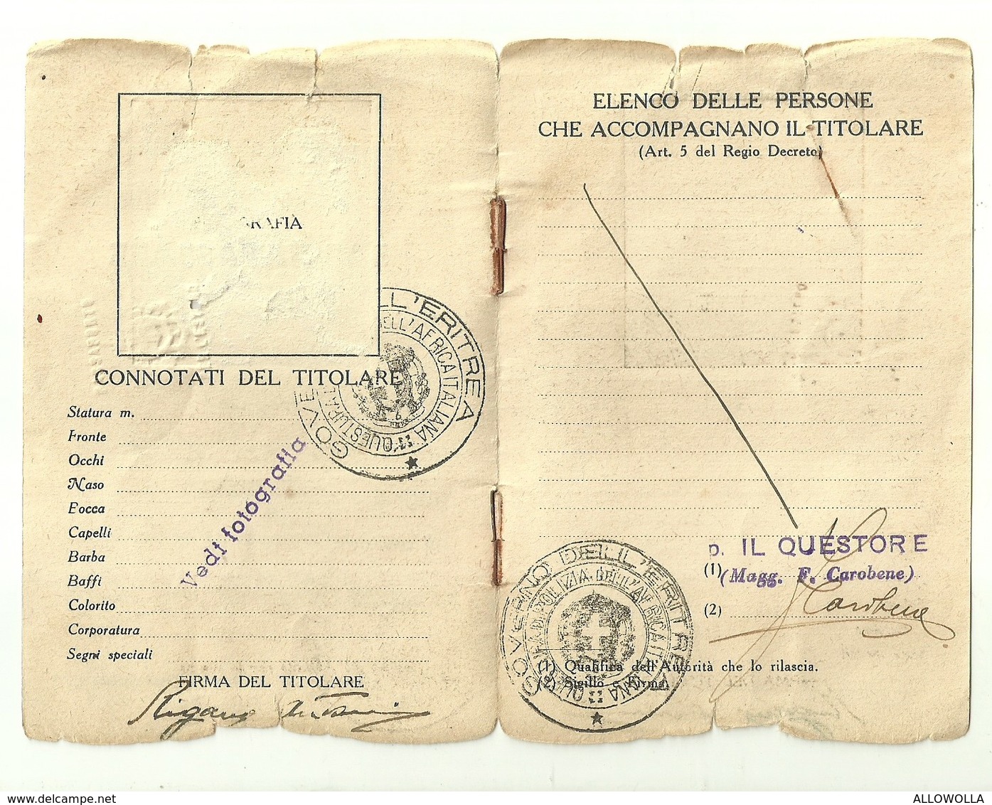 2883 "GOVERNO DELL'ERITREA-LASCIAPASSARE PER L'ITALIA E RITORNO IN ERITREA-1940-SIG. RIGANO ANTONINO " DOCUMENTO ORIG. - Documenti