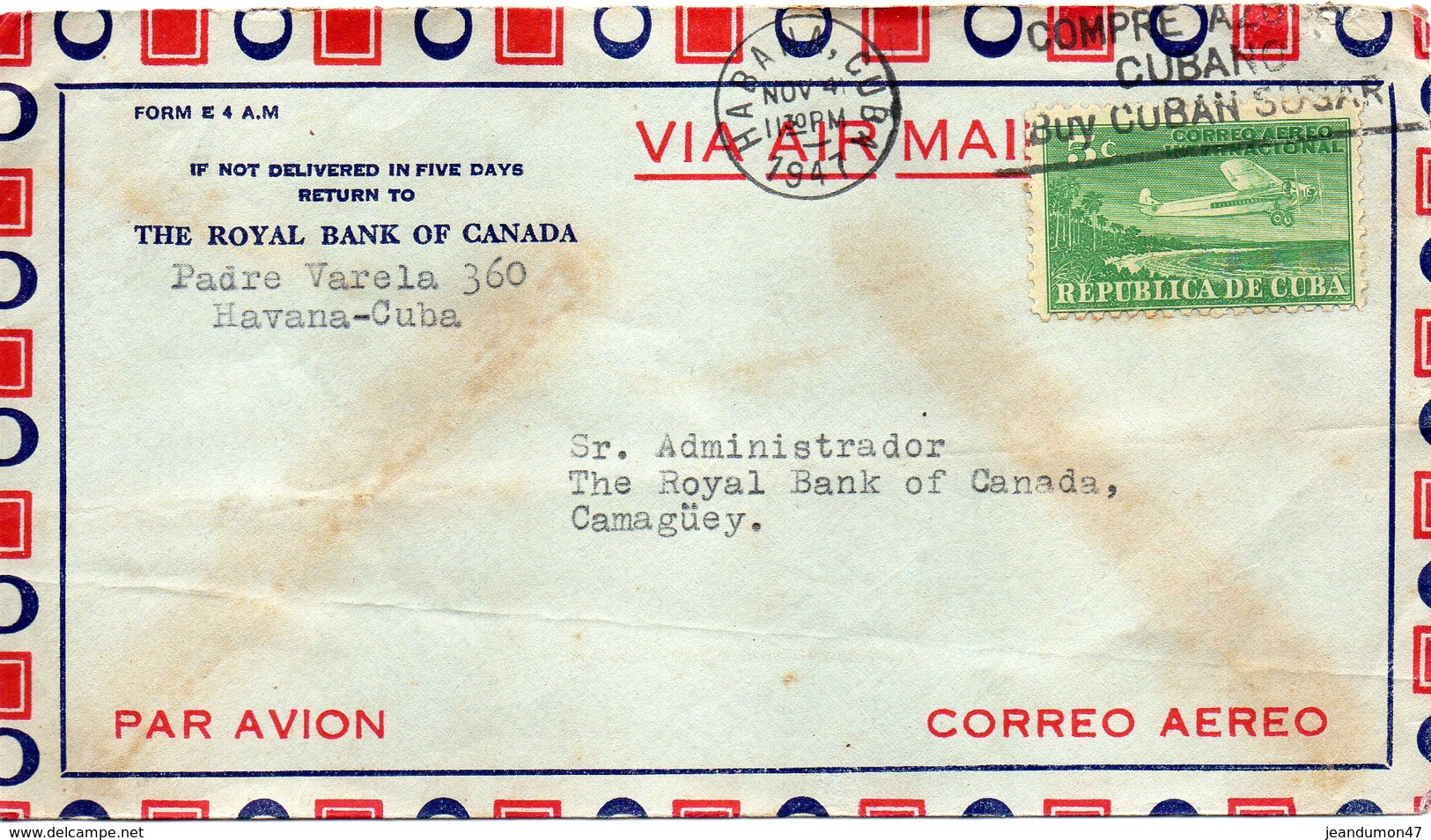 THE ROYAL BANK OF CANADA - REPUBLICA DE CUBA. CORREO AEREO POSTE EN 1947 - Aéreo