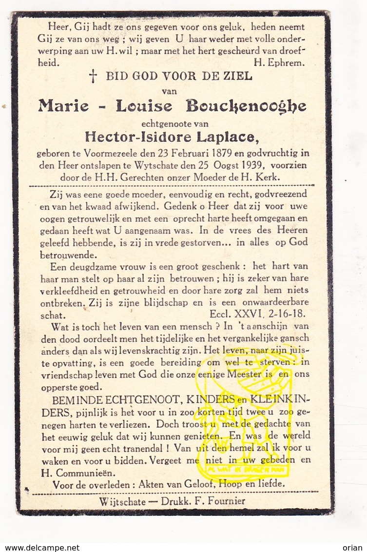 DP Marie L. Bouckenooghe ° Voormezele Ieper 1879 † Wijtschate Heuvelland 1939 X Hector I. Laplace - Images Religieuses