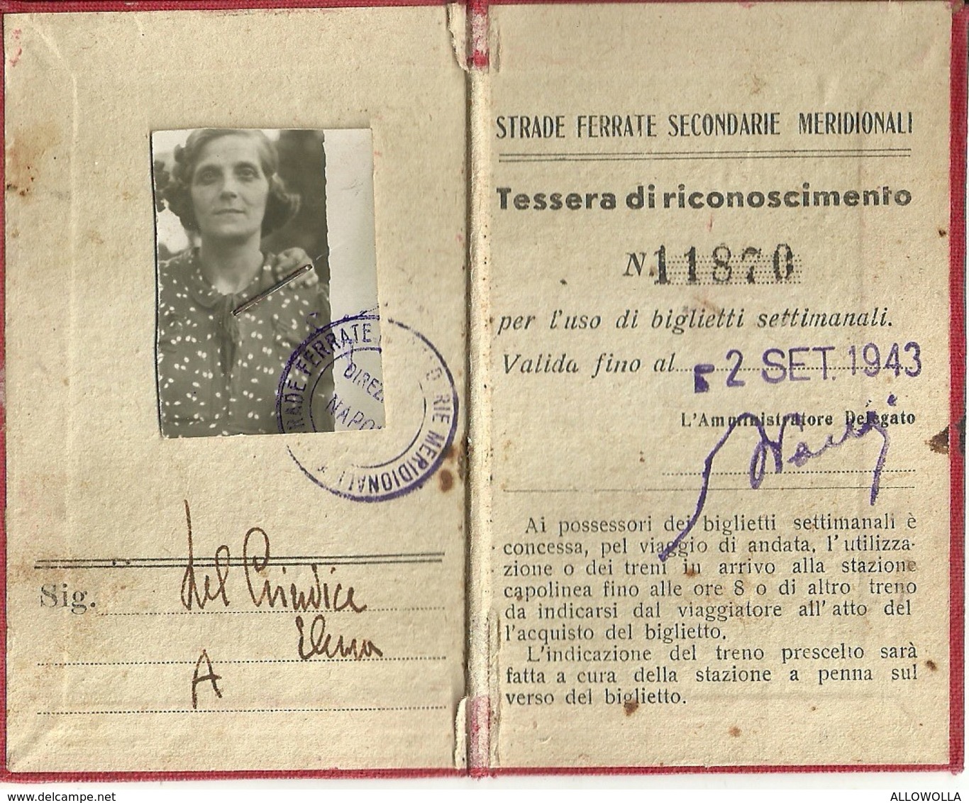 2885 "STRADE FERRATE SECONDARIE MERIDIONALI-TESSERA DI RICONOSCIMENTO PER ABBONATO-1943-DEL GIUDICE ELENA " DOC. ORIG. - Chemin De Fer