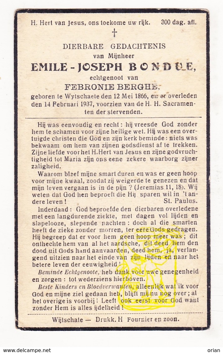 DP Emile J. Bondue ° Wijtschate Heuvelland 1866 † 1937 X Febronie Berghe - Images Religieuses