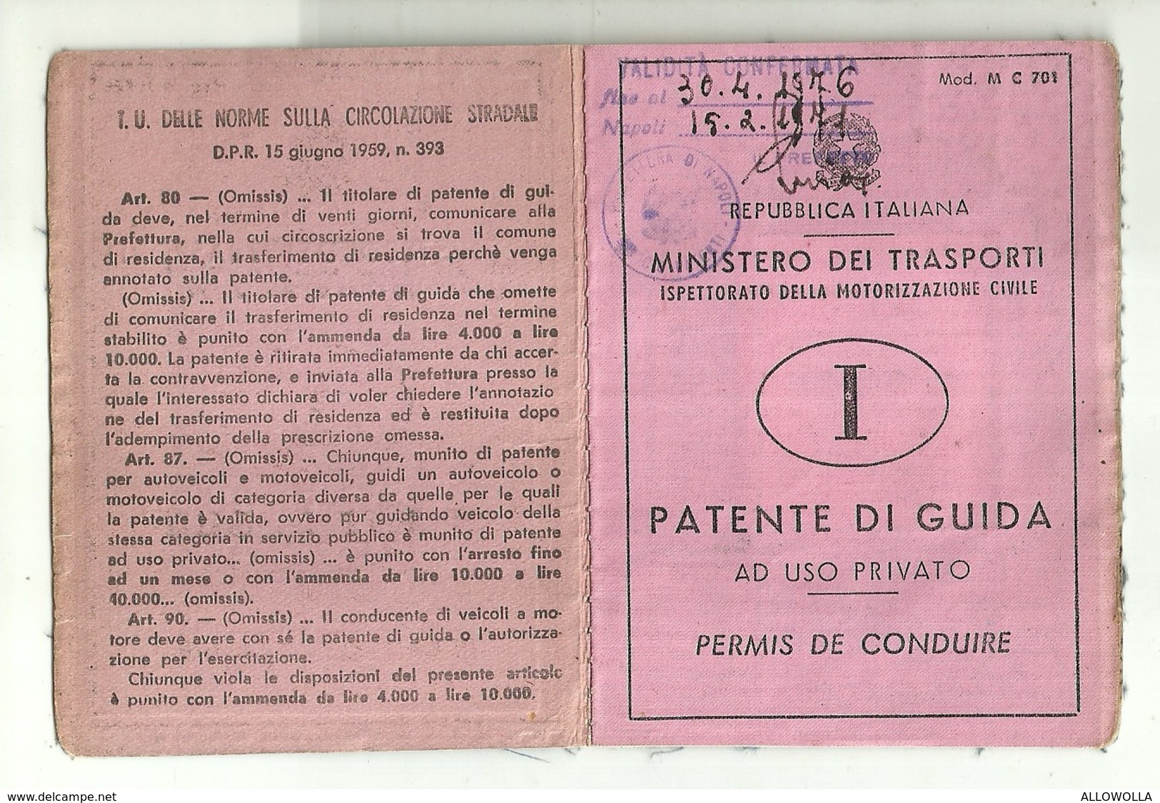 2886 "PATENTE DI GUIDA VALIDA FINO AL 30/4/81 - CON MARCHE" DOC. ORIG. - Automobili