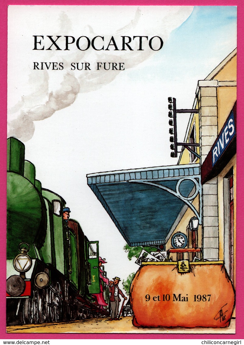 Cp Bourses Et Salons De Collections - Expocarto Rives Sur Fure - Train En Gare - Illustrée Et Signée G. NEMOZ - 1987 - Bourses & Salons De Collections