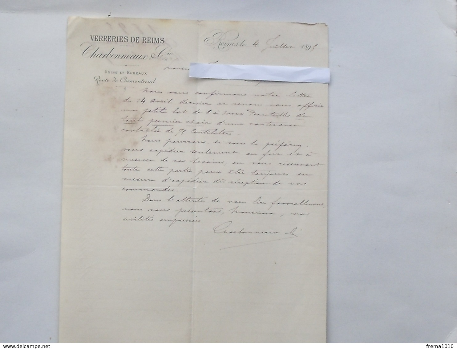 REIMS (51): Facture Lettre à En-tête 1895 VERRERIES DE REIMS - Route De Cormontreuil - CHARBONNEAUX & Cie - 1800 – 1899