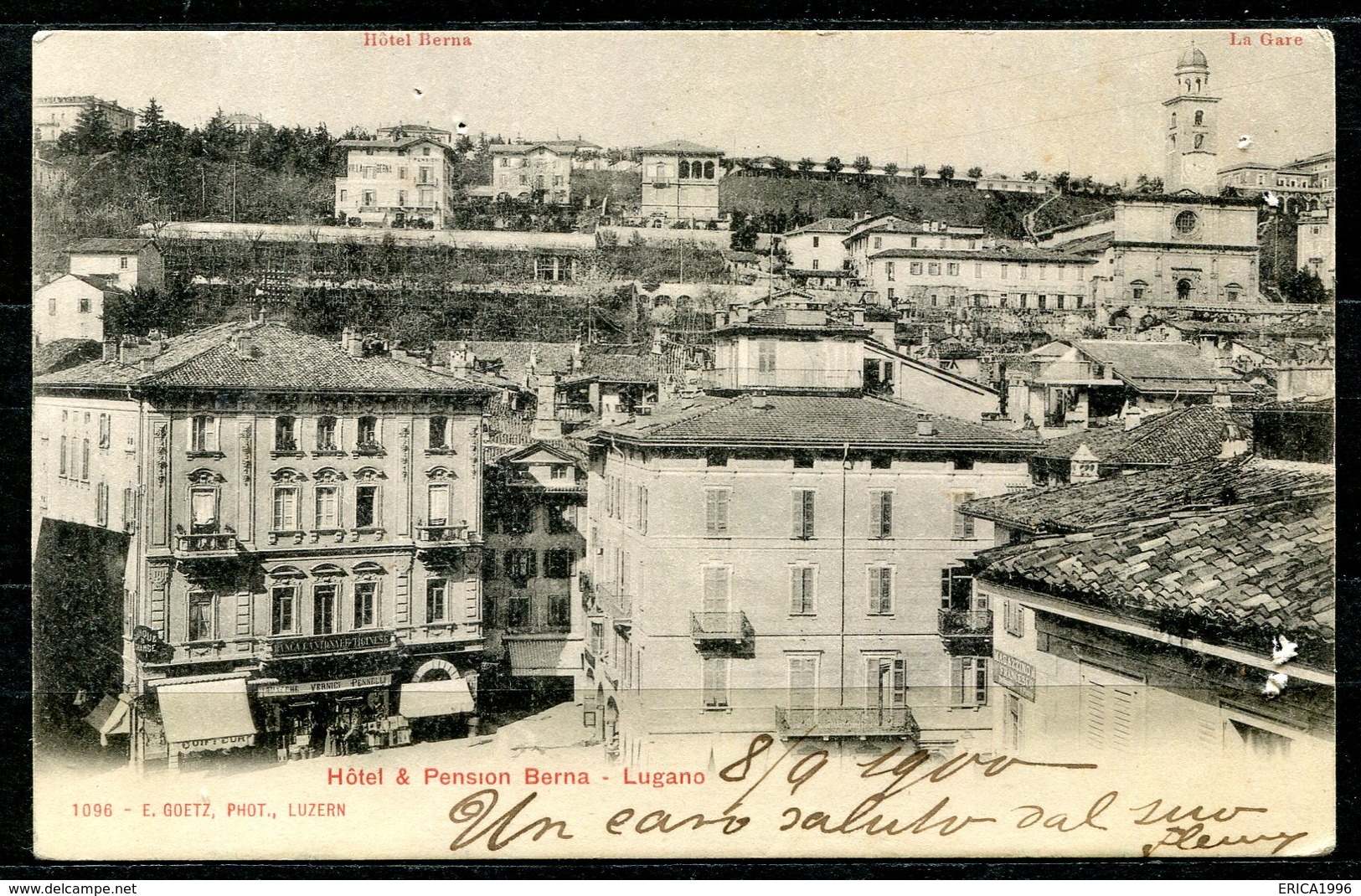 CARTOLINA CV2528 SVIZZERA SWITZERLAND 1900 Hotel & Pension Berna, Lugano, FP, Affrancata Con UPU 5 C., Viaggiata Per L'I - Lugano