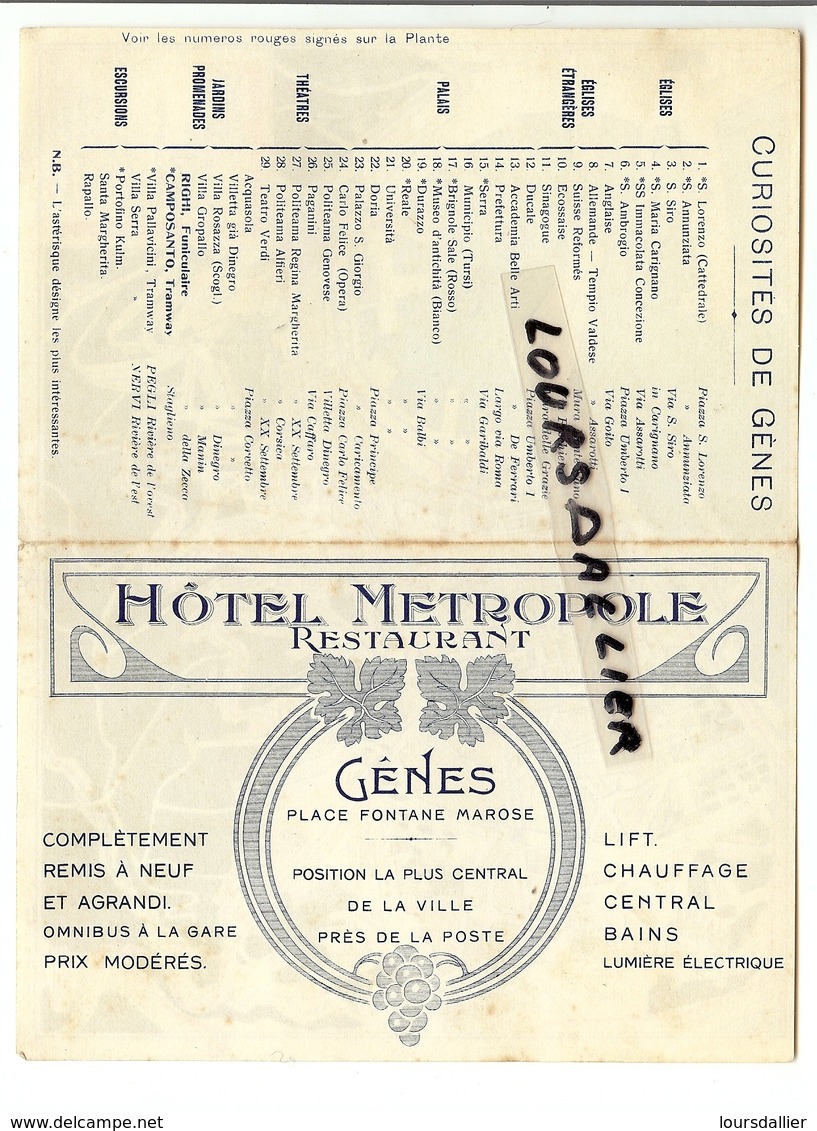 Carte Visite HOTEL METROPOLE GENES  Place FONTANE MAROSE Avec Plan Et Liste De Curiosités à Visiter - Publicités