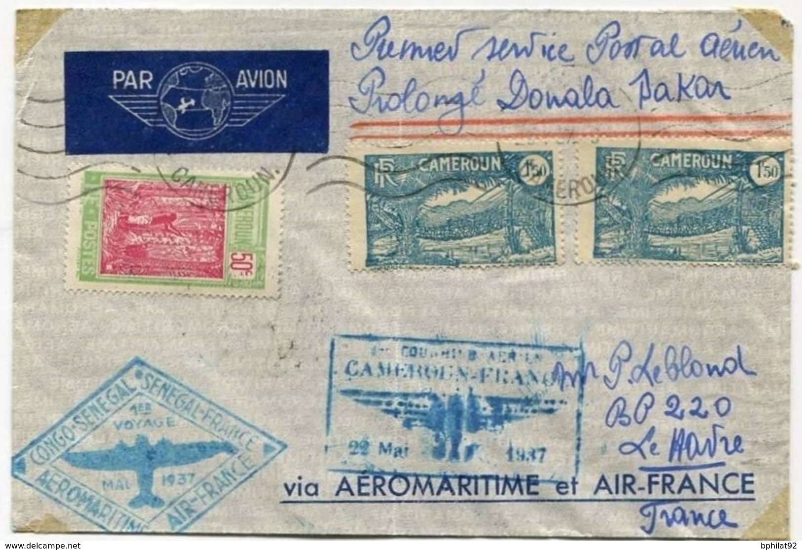 !!! 1ER COURRIER AERIEN CAMEROUN - FRANCE 1937, 1ER VOYAGE CONGO - SENEGAL - FRANCE - Covers & Documents