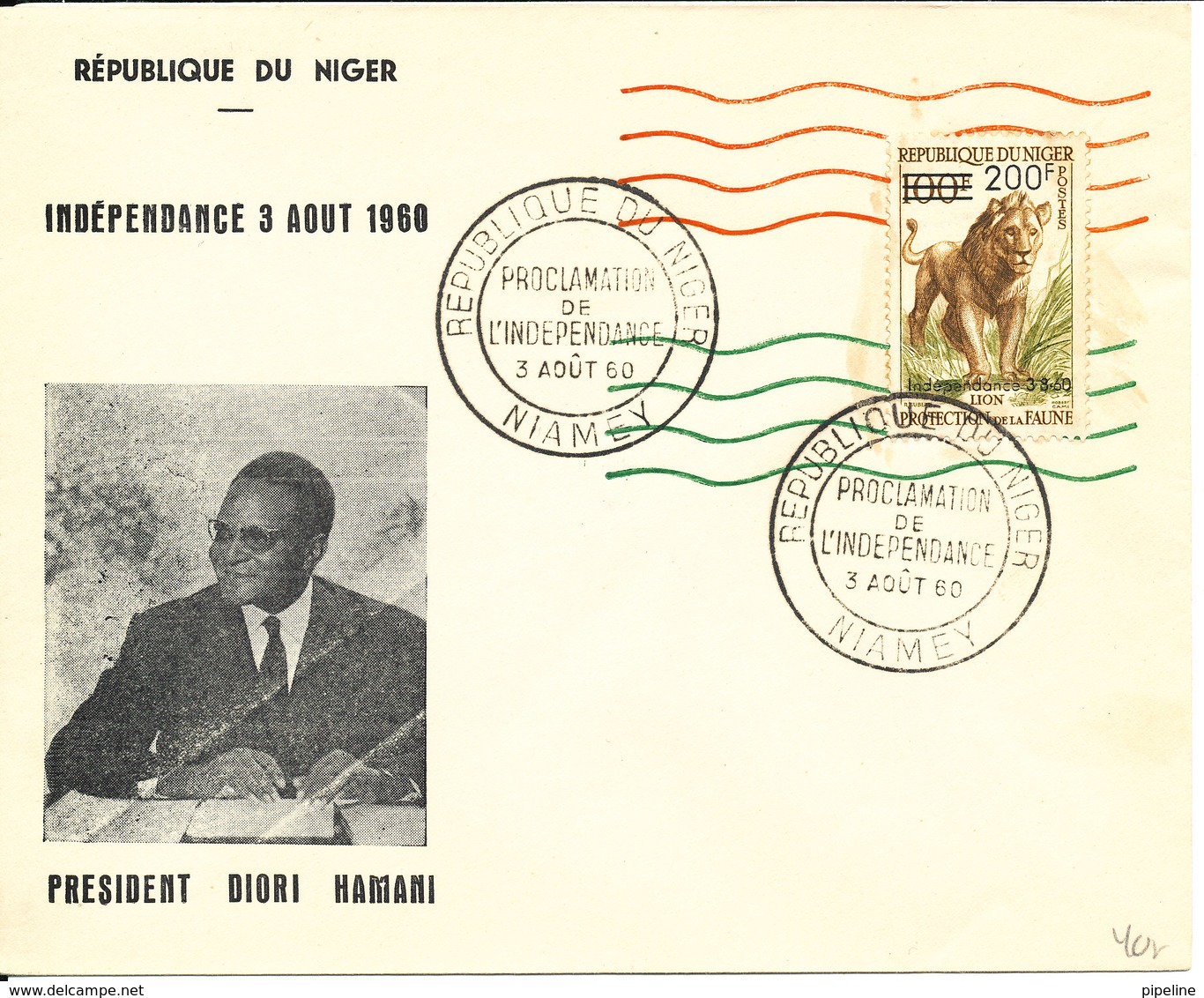 Niger FDC 3-8-1960 INDEPENDANCE Overprinted LION Stamp With President Diori Hamani Cachet - Niger (1960-...)