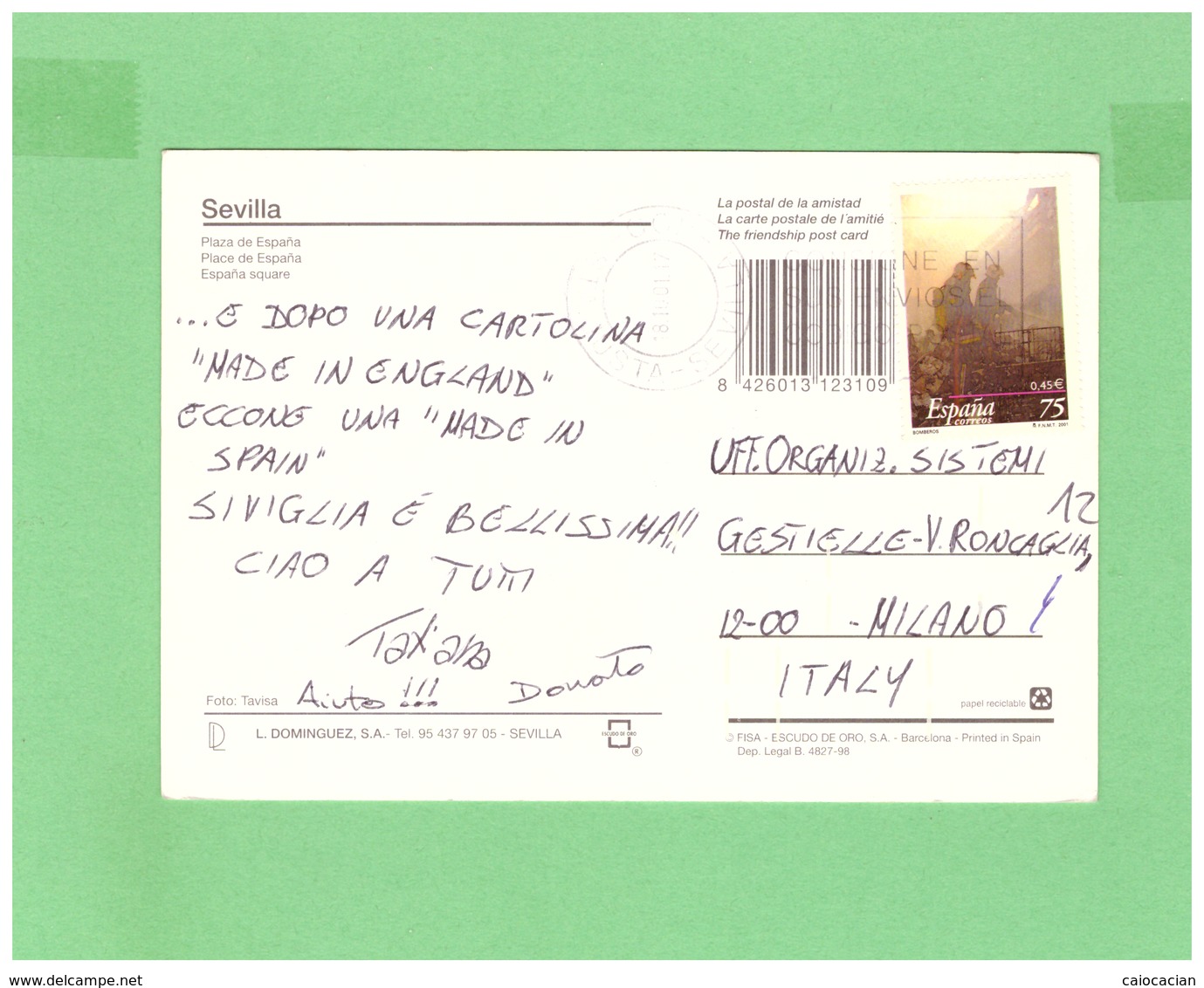 2001 ESPANA AIR MAIL POSTCARD WITH 1 STAMP TO ITALY - Storia Postale