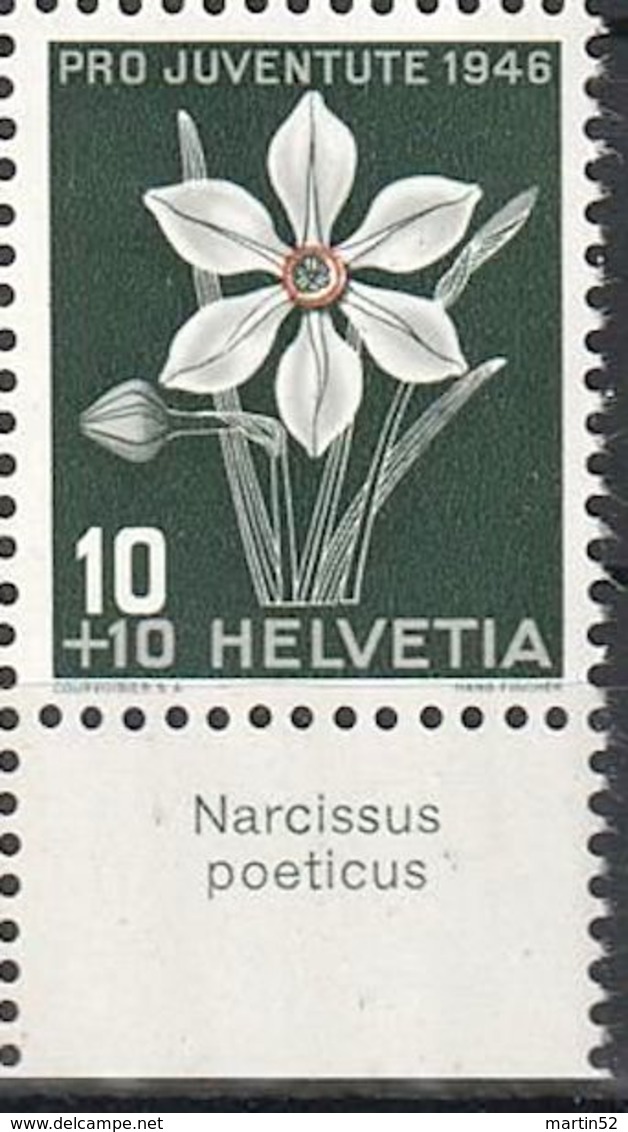 Schweiz Suisse Svizzera: Pro Juventute 1946 Zu WI 118 Mi 476 Yv 434 ** MNH & Tab Latinum "Narcissus Poeticus" (CHF 3.80) - Autres & Non Classés