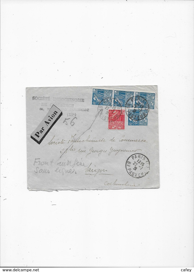 TIMBRES EXPO. COLONIALE Seuls Sur Lettre De Paris Pour SAIGON INDOCHINE 1931 - 1960-.... Lettres & Documents