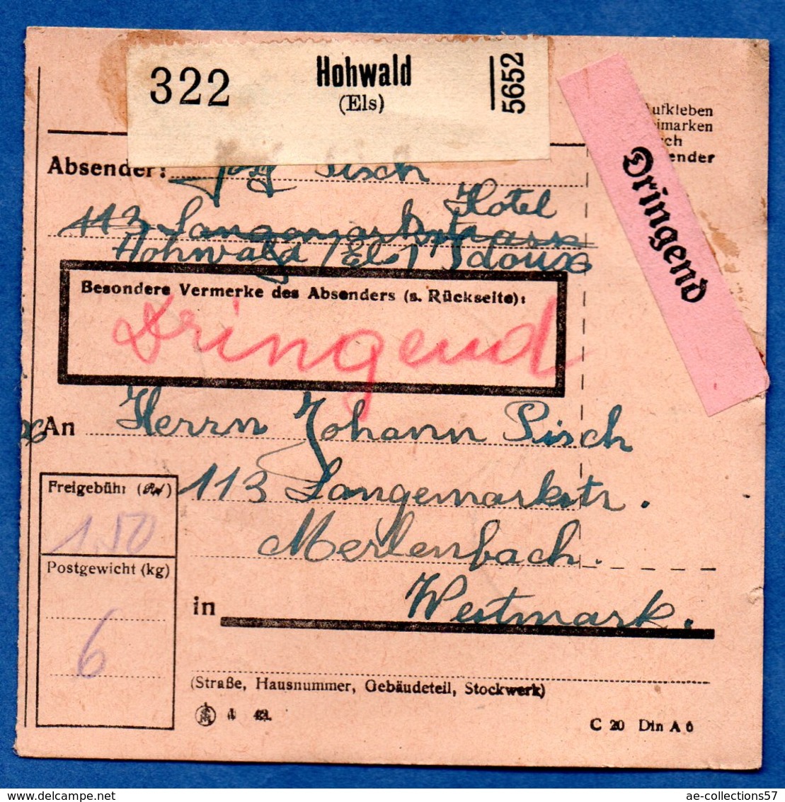 Colis Postal -  Départ Hohwald  22/11/1943 - Lettres & Documents