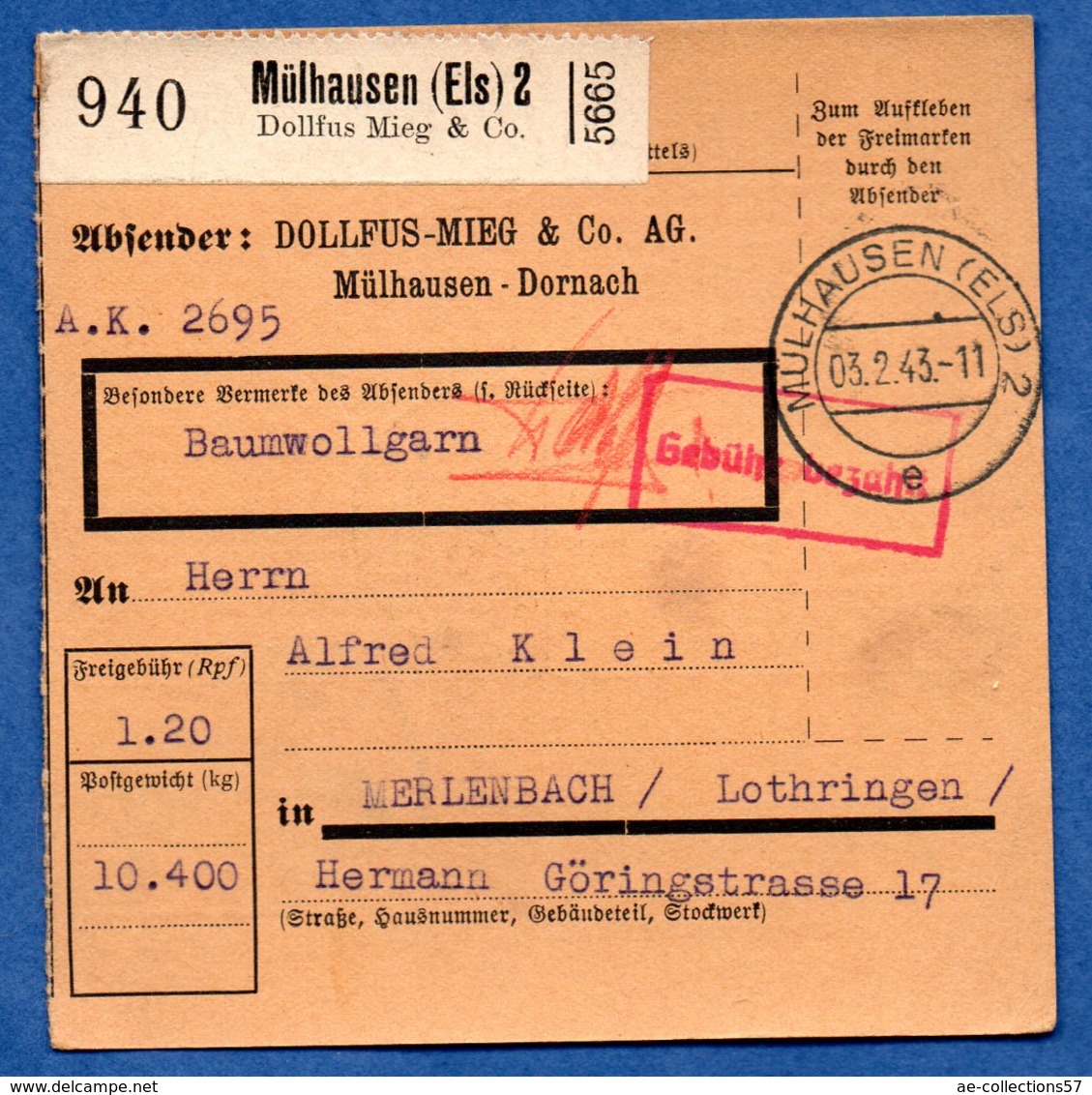 Colis Postal -  Départ Mülhausen 2  -  03/2/1943 - Cartas & Documentos