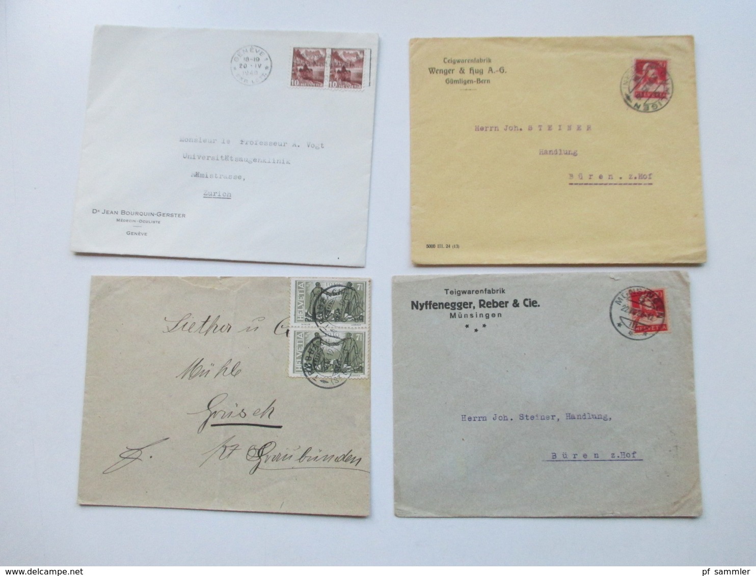 Schweiz 1910 - 40er Jahre Belegeposten 145 Stk.interessante Belege / Karten. 4er Blocks / Firmenbriefe / Stempel Randstk