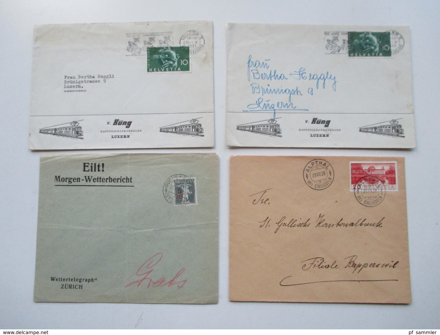 Schweiz 1910 - 40er Jahre Belegeposten 145 Stk.interessante Belege / Karten. 4er Blocks / Firmenbriefe / Stempel Randstk