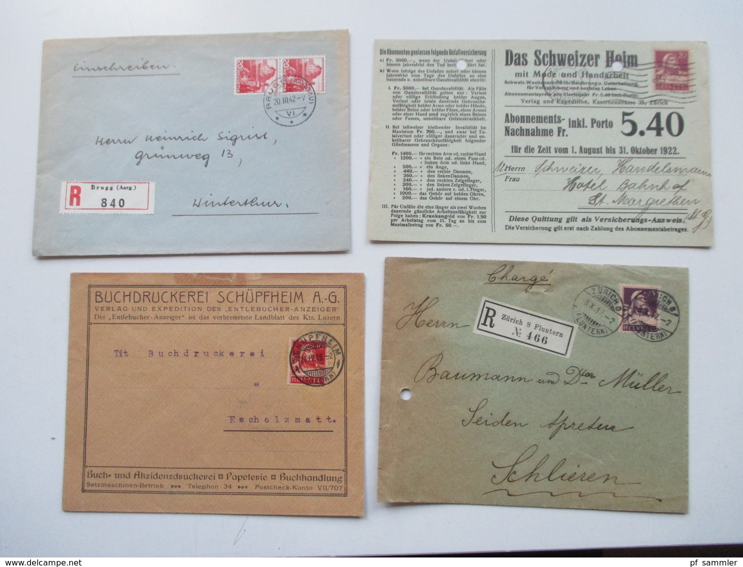 Schweiz 1910 - 40er Jahre Belegeposten 145 Stk.interessante Belege / Karten. 4er Blocks / Firmenbriefe / Stempel Randstk