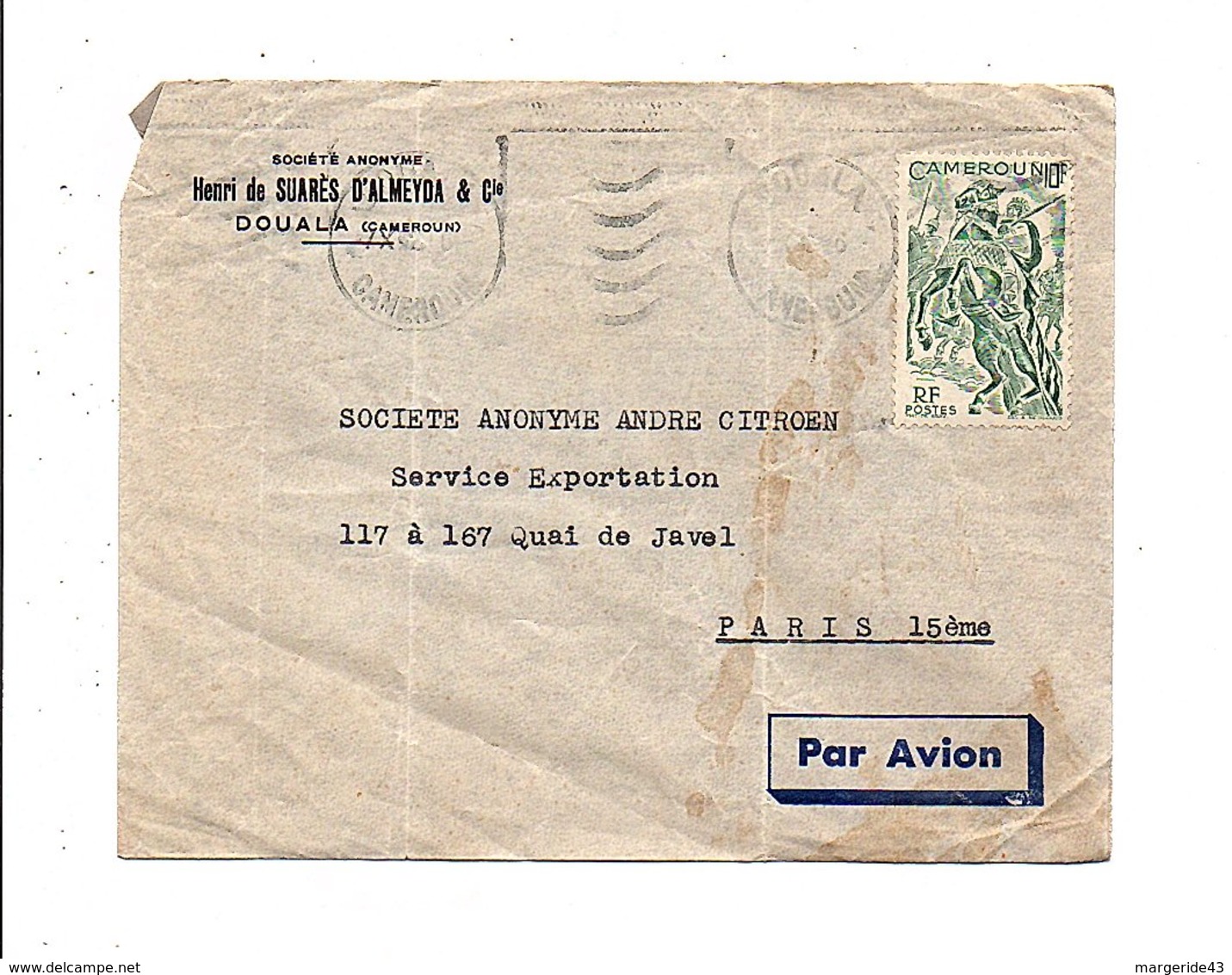 CAMEROUN LETTRE A EN TETE DE DOUALA POUR LA FRANCE 1952 - Lettres & Documents