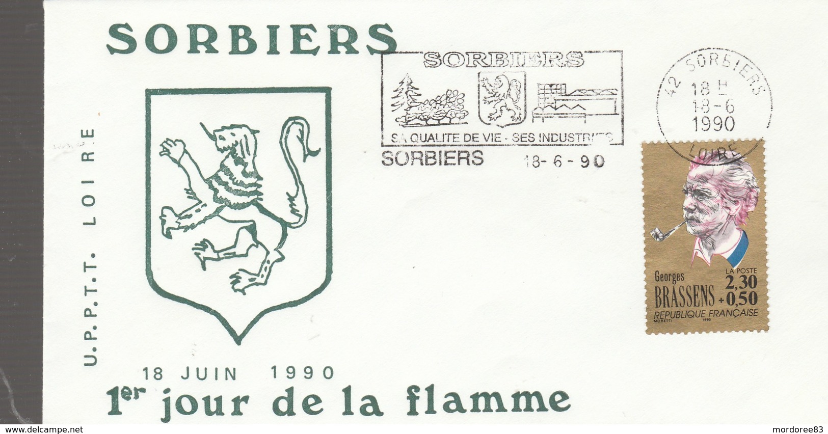 FRANCE FDC SORBIERS LOIRE 1ER JOUR DE LA FLAMME 18 JUIN 1990 YT 2654 GEORGES BRASSENS              -              TDA109 - 1990-1999