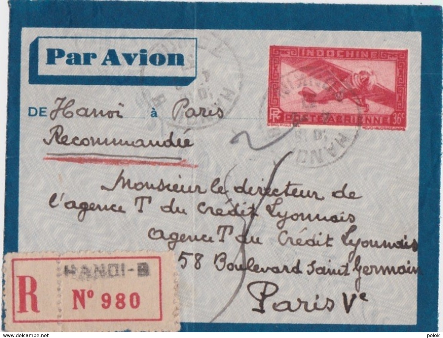 Façade De Lettre Recommandée Indochine à France - Cachet Hanoï Tonkin 1937 - Par Avion - Lettres & Documents