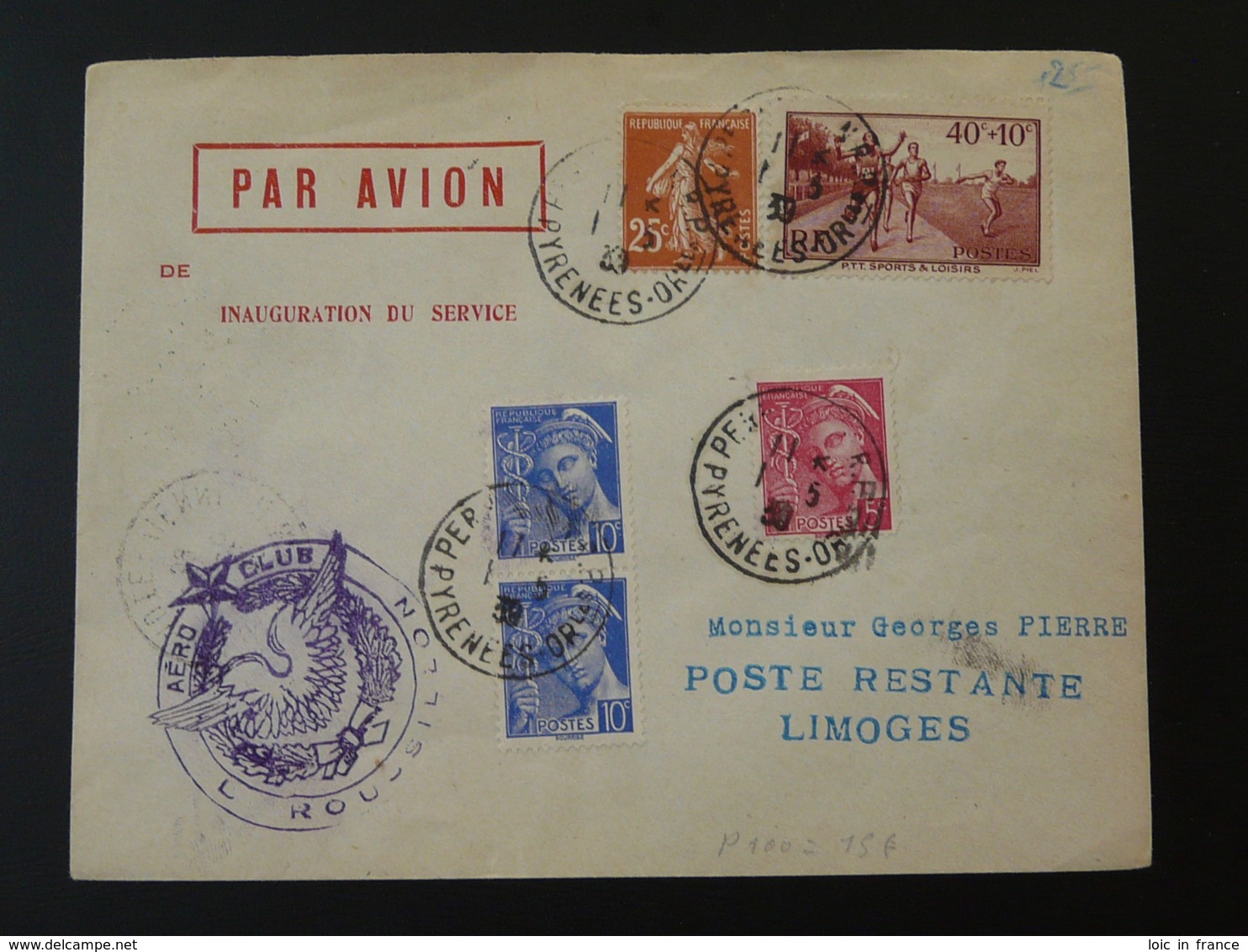 Lettre Premier Vol First Flight Cover Perpignan Limoges Inauguration Du Service Aéropostal 66 Pyrénées Orientales 1939 - 1921-1960: Periodo Moderno