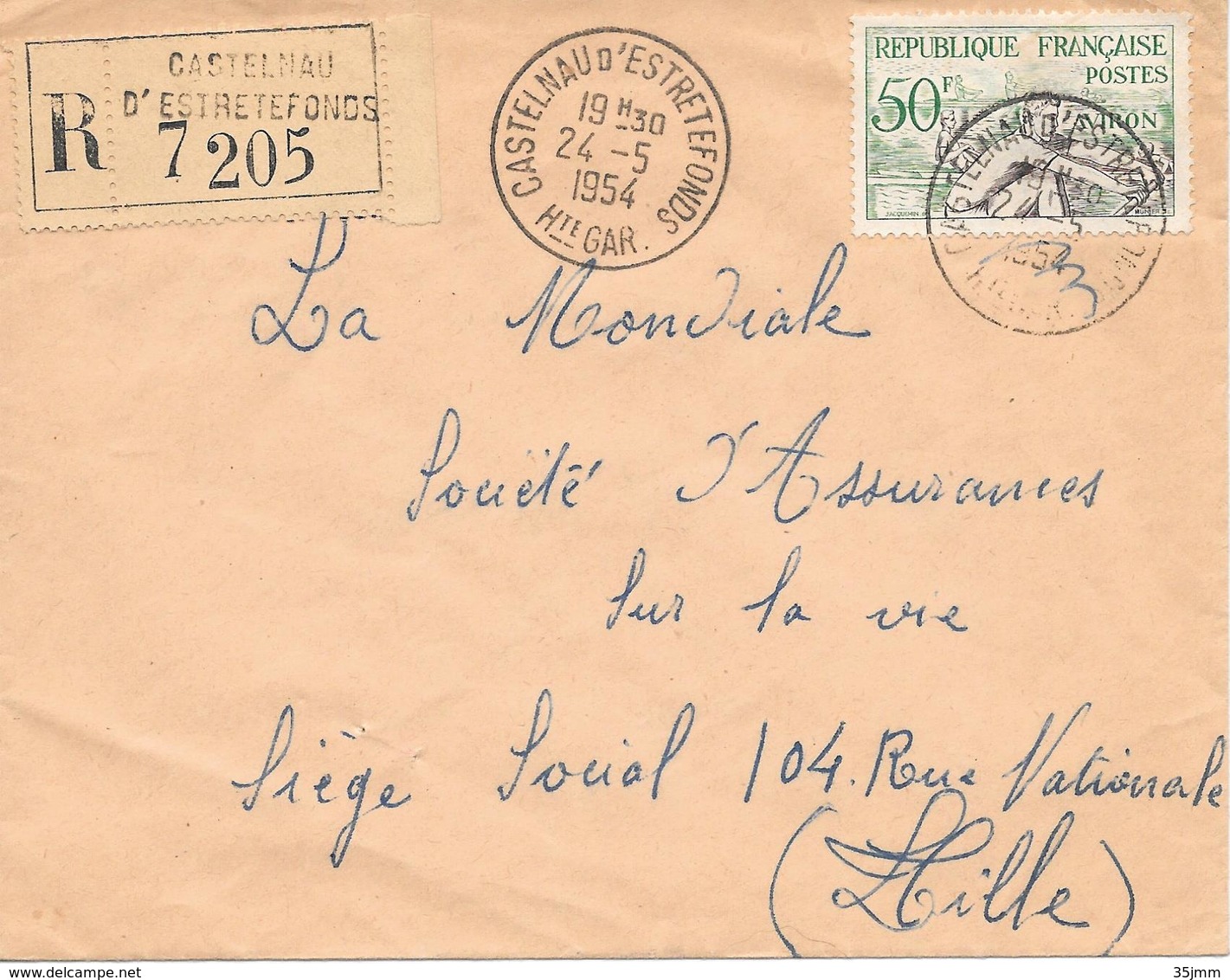 Lettre Recommandée Castelnau D'estrétéfonds 31 Haute Garonne 1954 - Cachets Manuels