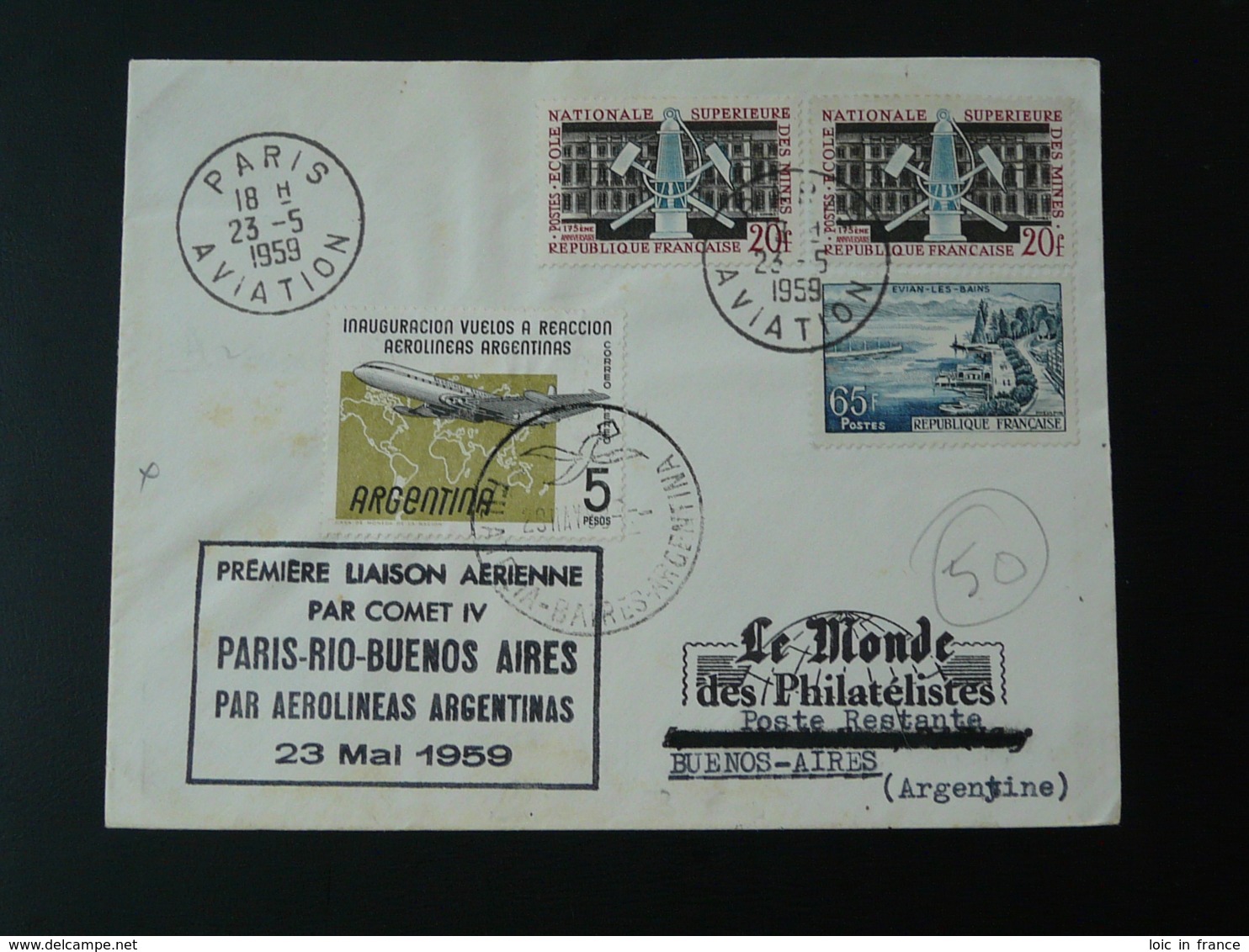 Lettre Premier Vol First Flight Cover Paris Alger Buenos Aires Argentina Par Comet IV Aerolinas 1959 - 1960-.... Covers & Documents