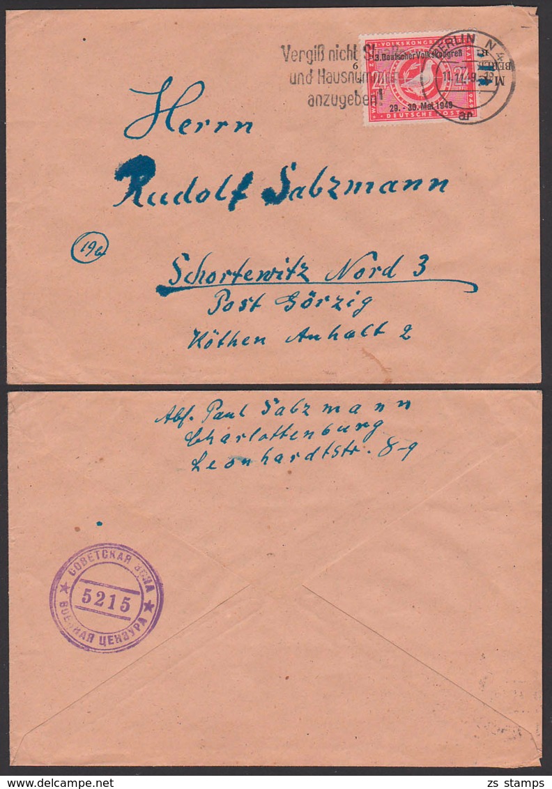 SBZ Sowjetische Zensur 5215, Abs. Berlin-Charlottenburg  - Ostberlin N4 Aufgegeben 11.11.49 N. Schortewitz Görzig Köthen - Andere & Zonder Classificatie