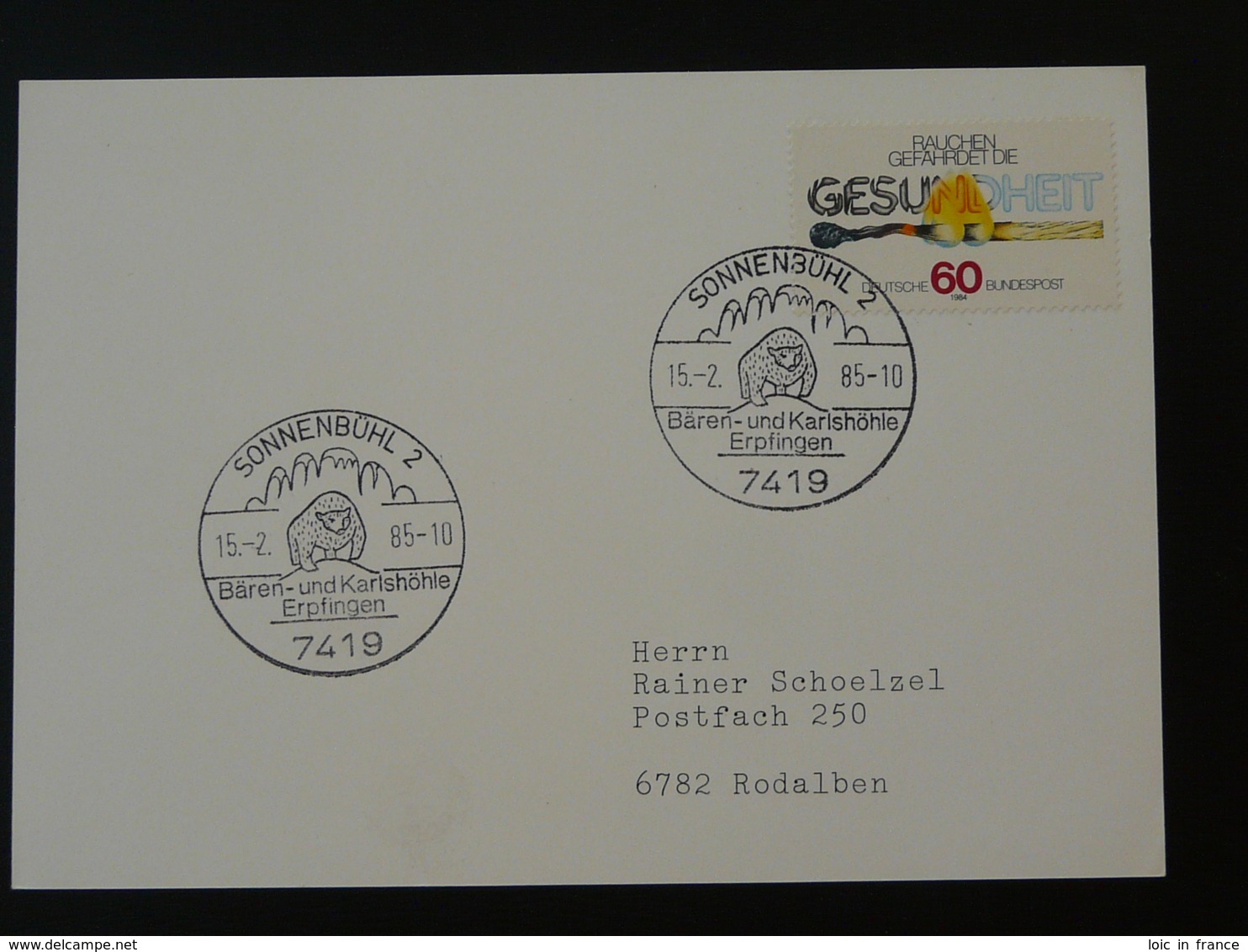 Obliteration Postmark Préhistoire Prehistory Grotte Cave Sonnenbuhl Allemagne Germany 1985 - Vor- Und Frühgeschichte