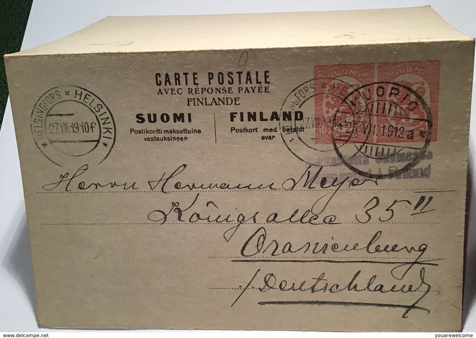 Finland 1918 Postal Stationery Card 10+10 P WITH PAID REPLY  KUPIO 1919 (Finnland Ganzsache Cover Finlande Lettre - Briefe U. Dokumente