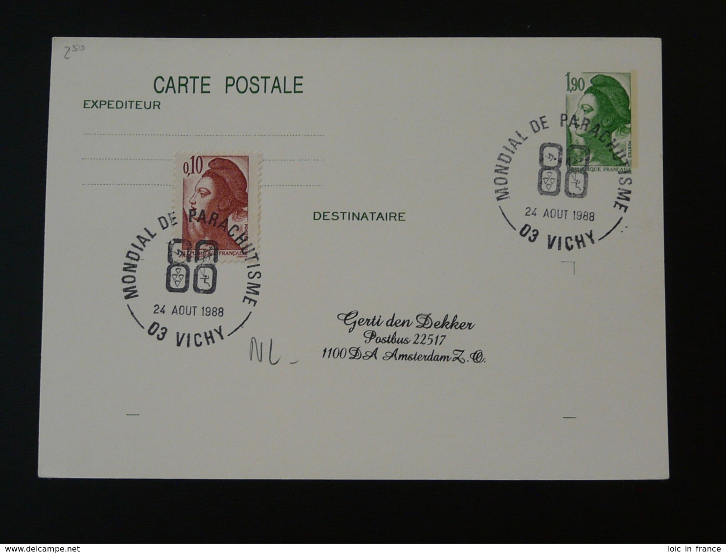 Entier Postal Stationery Card Liberté De Gandon Mondial De Parachutisme Vichy 03 Allier 1988 - Parachutting