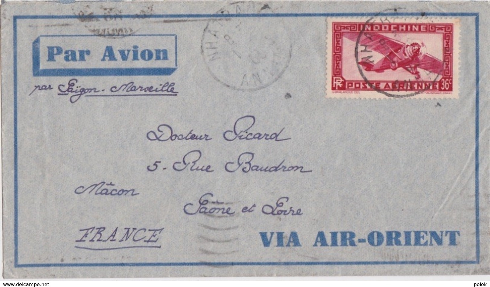 Lettre Indochine à France - Cachet Nha Trang, Annam 1933 - Par Avion, Via Air Orient - Briefe U. Dokumente